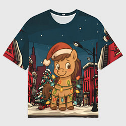 Женская футболка оверсайз Лошадка в новогодней гирлянде