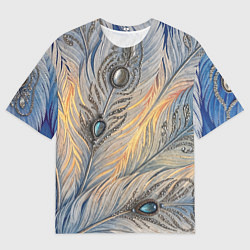 Футболка оверсайз женская Синие перья с самоцветами, цвет: 3D-принт