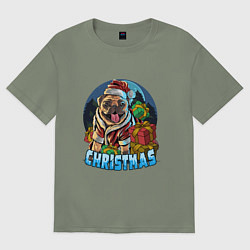 Женская футболка оверсайз Рождественский мопс