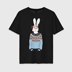 Футболка оверсайз женская Кролик в свитере и очках, цвет: черный
