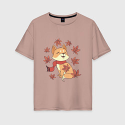 Футболка оверсайз женская Осенний милый котик и листопад, цвет: пыльно-розовый
