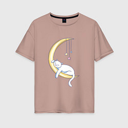 Футболка оверсайз женская Спящий на луне кот, цвет: пыльно-розовый