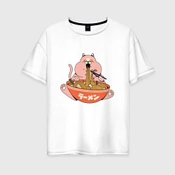 Женская футболка оверсайз Толстый кот ест лапшу рамен