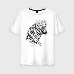 Футболка оверсайз женская Чёрно белый рисунок тигра, цвет: белый