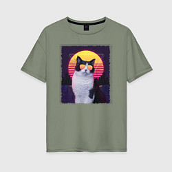 Женская футболка оверсайз Synthwave cat