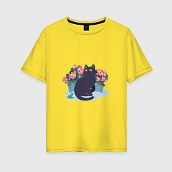 Женская футболка оверсайз Кот, лягушка и клумба