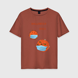 Женская футболка оверсайз Halloween 2021 , тыква в маске и коронавирус