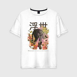 Женская футболка оверсайз Японский тигр в стиле Укиё Э Акварельный арт