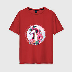 Футболка оверсайз женская Единорог среди цветов и ягод Акварель, цвет: красный