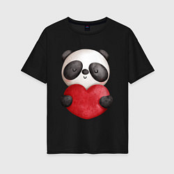 Футболка оверсайз женская Панда с сердечком 14 февраля, цвет: черный
