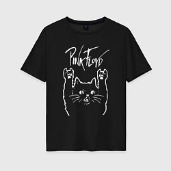Футболка оверсайз женская Pink Floyd Пинк флойд Рок кот, цвет: черный