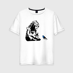 Футболка оверсайз женская BANKSY girl with blue bird БЭНКСИ девочка с синей, цвет: белый