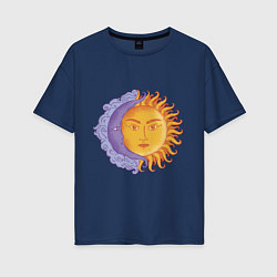 Футболка оверсайз женская Солнца и луна с лицами, цвет: тёмно-синий
