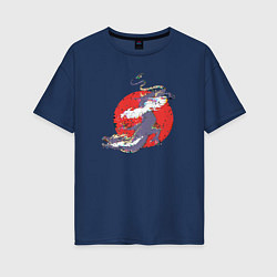 Женская футболка оверсайз Дизайн с драконом на фоне красного солнца с эффект