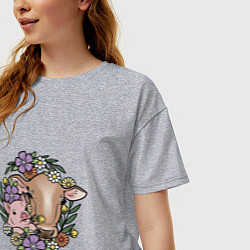 Футболка оверсайз женская ТЕЛЕНОК С ПОРОСЕНКОМ В ЦВЕТАХ, цвет: меланж — фото 2