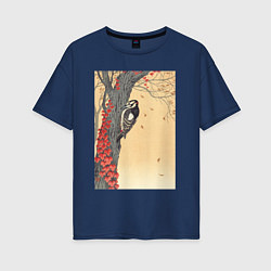 Футболка оверсайз женская Great Spotted Woodpecker in Tree with Red Ivy, цвет: тёмно-синий