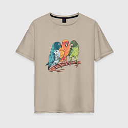 Женская футболка оверсайз Три волнистых попугая на ветке