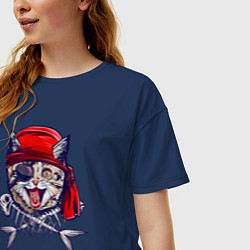 Футболка оверсайз женская Кот пират и рыбьи кости, цвет: тёмно-синий — фото 2