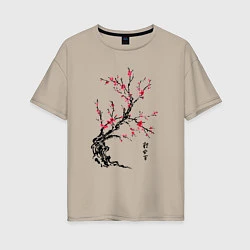 Женская футболка оверсайз Сакура с иероглифами