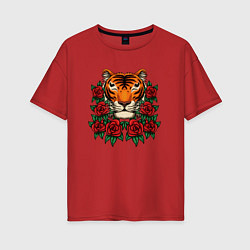 Женская футболка оверсайз Тигр в розах