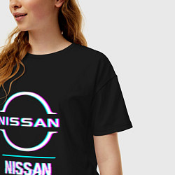 Футболка оверсайз женская Значок Nissan в стиле glitch, цвет: черный — фото 2