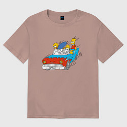 Футболка оверсайз женская Семейка Симпсонов мчится на автомобиле, цвет: пыльно-розовый