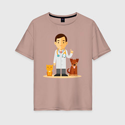 Женская футболка оверсайз Ветеринар заботится о животных - котик и пёсик
