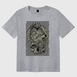Футболка оверсайз женская Голова свирепого волка поверх черепа, цвет: меланж