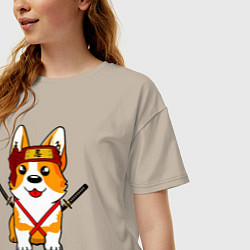 Футболка оверсайз женская Корги - самурай, цвет: миндальный — фото 2