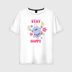 Женская футболка оверсайз Stay happy, планета с ромашками