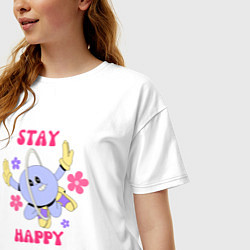 Футболка оверсайз женская Stay happy, планета с ромашками, цвет: белый — фото 2