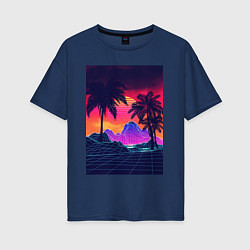 Футболка оверсайз женская Синтвейв пляж и пальмы, цвет: тёмно-синий