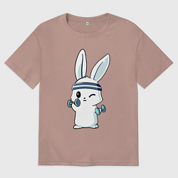 Женская футболка оверсайз Прикольный зайчишка пауэрлифтер