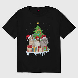 Футболка оверсайз женская Коты и елка с подарками, цвет: черный
