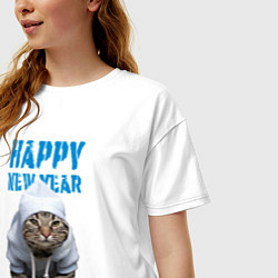 Футболка оверсайз женская Happy New Year - Прикольный котик, цвет: белый — фото 2