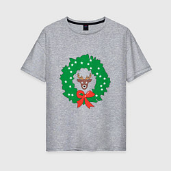 Женская футболка оверсайз Рождественский венок с оленем