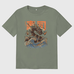Футболка оверсайз женская Суши дракон Канагавы, цвет: авокадо