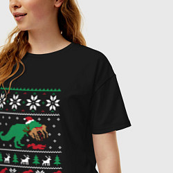 Футболка оверсайз женская Новогодний тирекс - ugly sweater, цвет: черный — фото 2