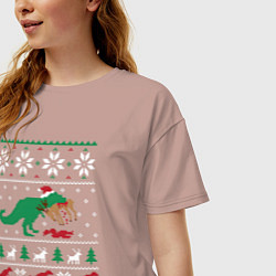 Футболка оверсайз женская Новогодний тирекс - ugly sweater, цвет: пыльно-розовый — фото 2