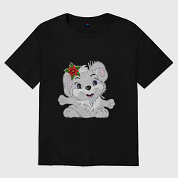 Футболка оверсайз женская Кролик с пуансетией, цвет: черный