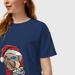 Футболка оверсайз женская Pug merry christmas, цвет: тёмно-синий — фото 2