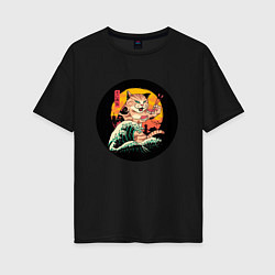 Женская футболка оверсайз Большой японский кот с суши