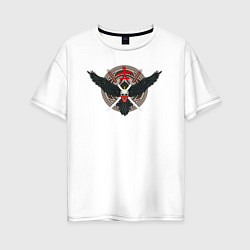 Женская футболка оверсайз Голова самурая на фоне ворона