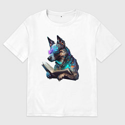 Футболка оверсайз женская Киберпанк собака с книгой, цвет: белый