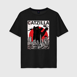 Футболка оверсайз женская Catzilla in Tokyo мем, цвет: черный