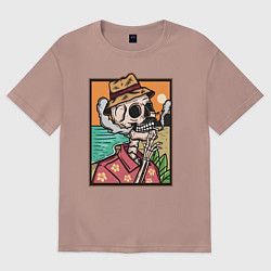 Женская футболка оверсайз Скелет в гавайской рубашке курит сигарету