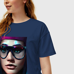 Футболка оверсайз женская Девушка в стиле киберпанк, цвет: тёмно-синий — фото 2