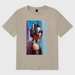 Футболка оверсайз женская Girl in helmet - cyberpunk - neural network, цвет: миндальный