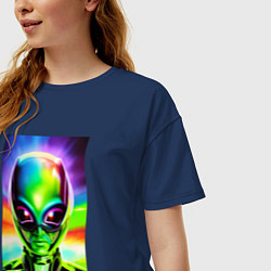 Футболка оверсайз женская Alien - neural network - neon glow - pop art, цвет: тёмно-синий — фото 2