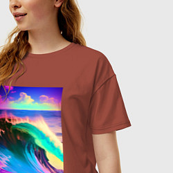 Футболка оверсайз женская Неоновая волна - тихий океан, цвет: кирпичный — фото 2